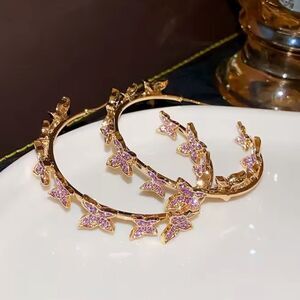 Anthropologie Gold Hoop Earrings with Pink Crystal Butterflies